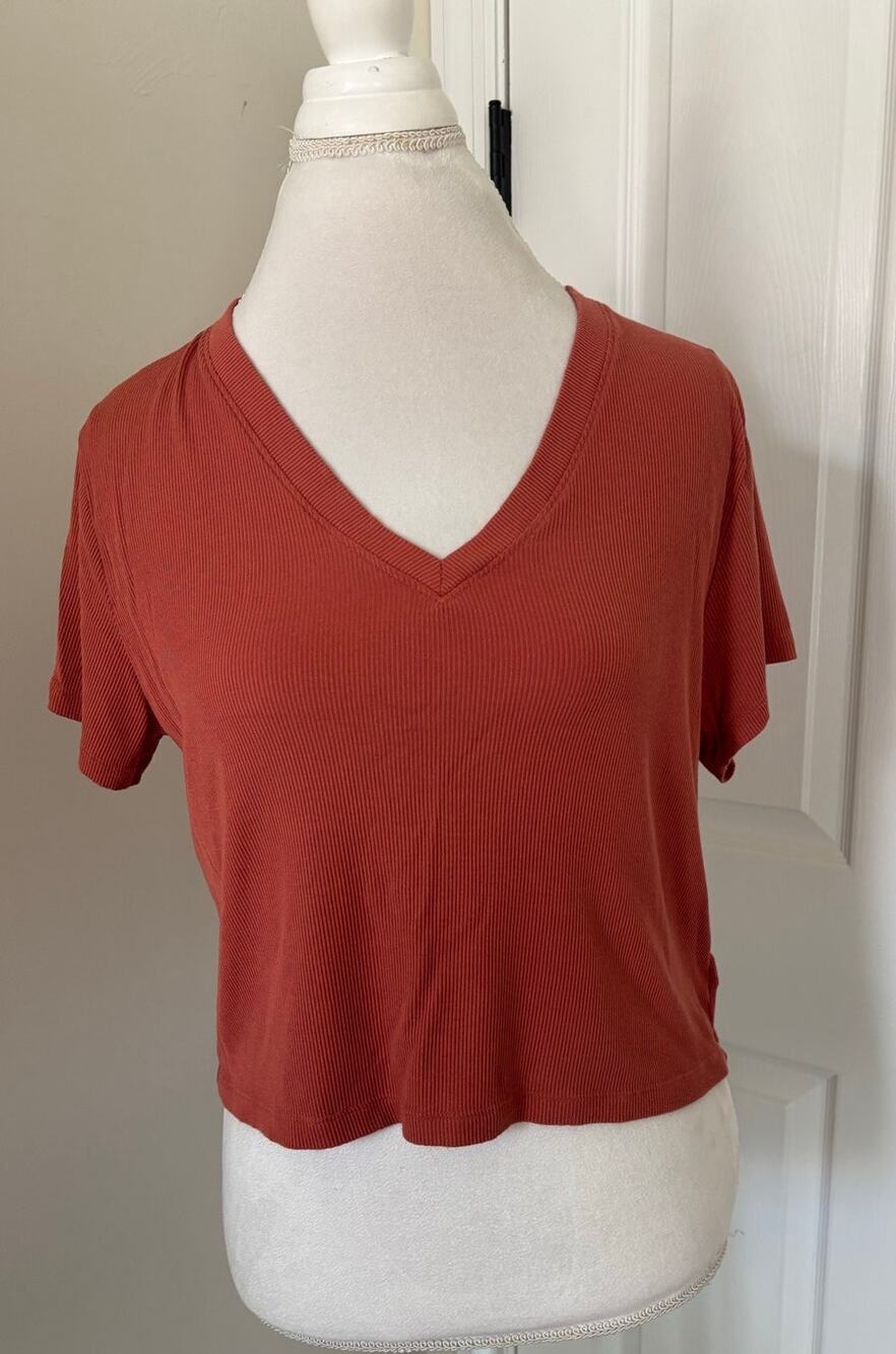 American Eagle Soft & Sexy Cropped Ribbed Orange T-Shirt Short Sleeve Medium